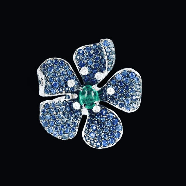 Blue Hibiscus Sapphire Pave Ring with Emerald