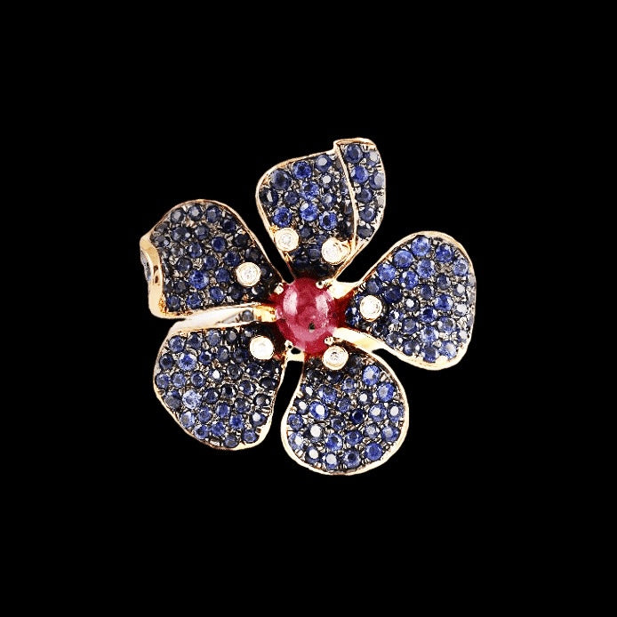 Blue Hibiscus Sapphire Pave Ring with Ruby