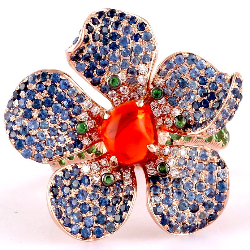 Blue Hibiscus Sapphire Pave Ring