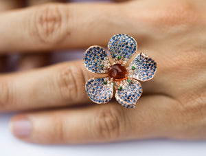 Blue Hibiscus Sapphire Pave Ring