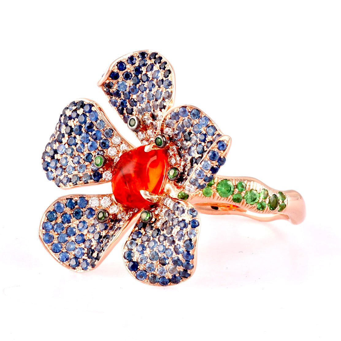 Blue Hibiscus Sapphire Pave Ring